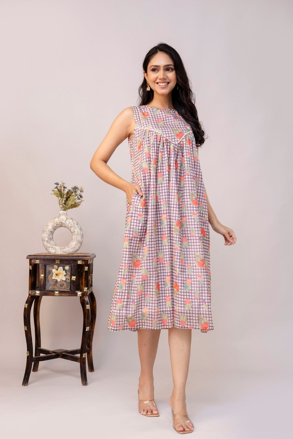 Lilac Checkered Mul Dress