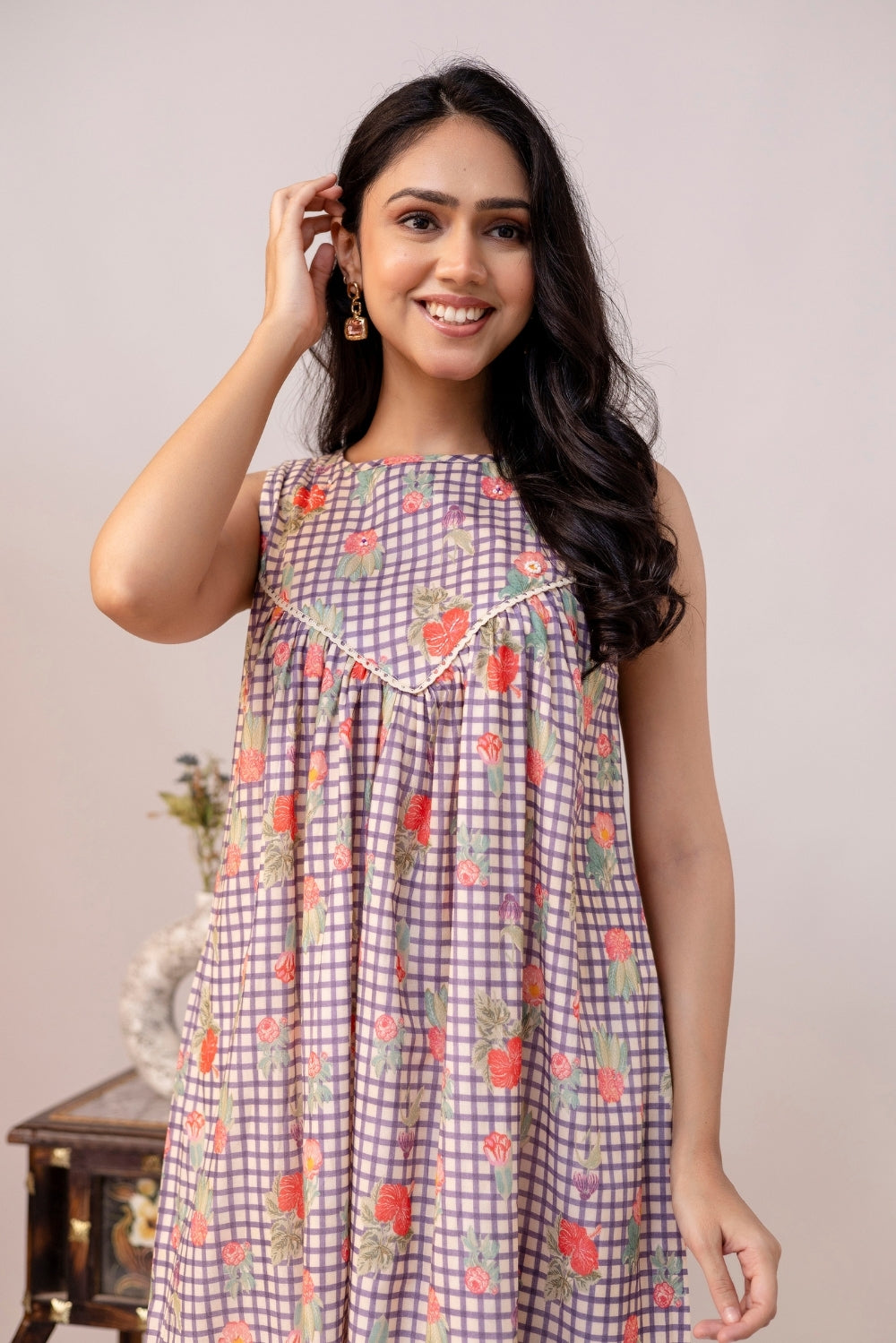 Lilac Checkered Mul Dress